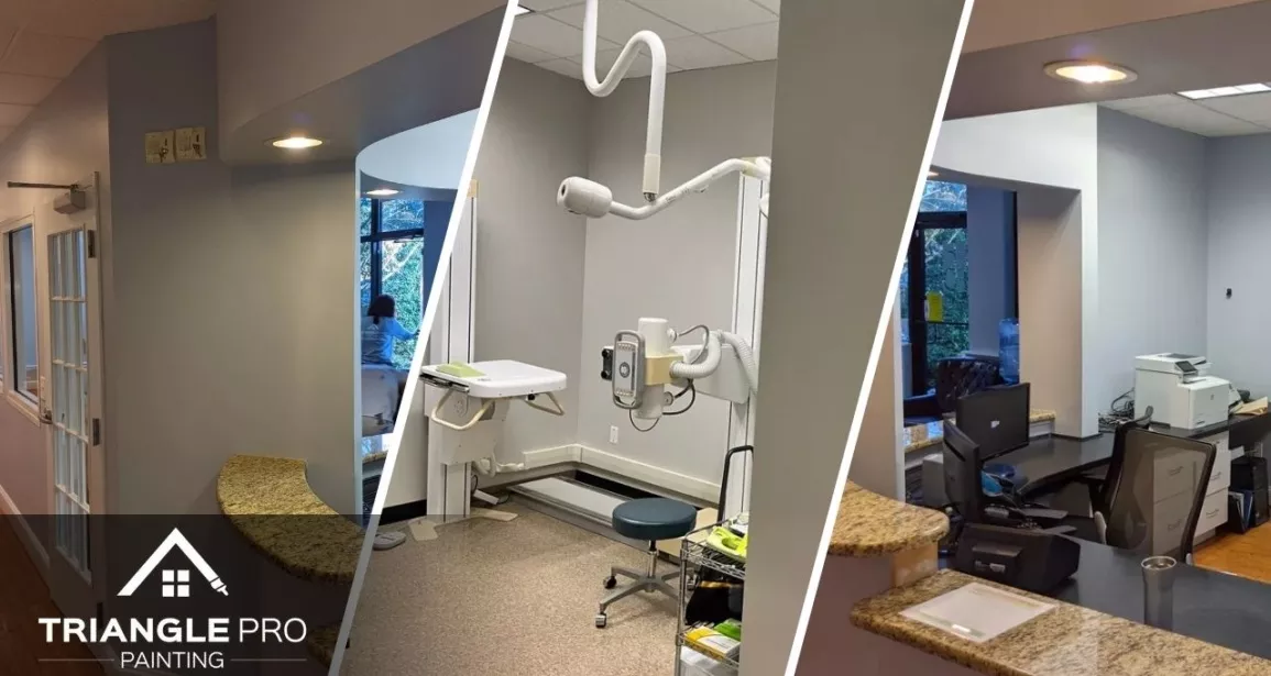 This is a three split image showing a hallway, dental room, and office interior painting in Wayland Heights Raleigh by Triangle Pro Painting.