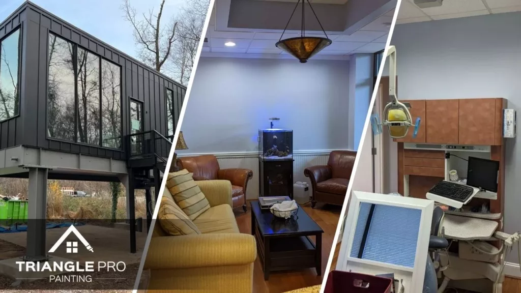 This is a three-split image showing exterior building, office lounge, and dental office interior painting by Triangle Pro Painting in Umstead Raleigh, NC.