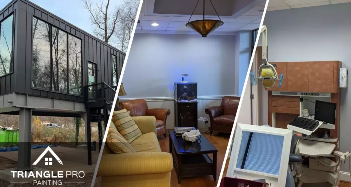 This is a three-split image showing exterior building, office lounge, and dental office interior painting by Triangle Pro Painting in Umstead Raleigh, NC.