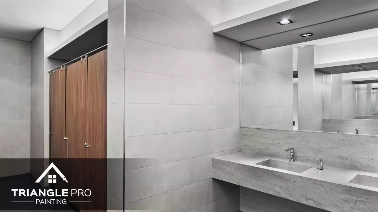 This is a commercial restroom painting project featuring modern tile walls by Triangle Pro Painting in Wayland Heights Raleigh.