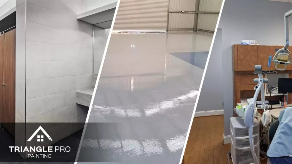 This is a three split image showing restroom wall painting, epoxy floor coating, and dental office painting by Triangle Pro Painting in Wayland Heights Raleigh.