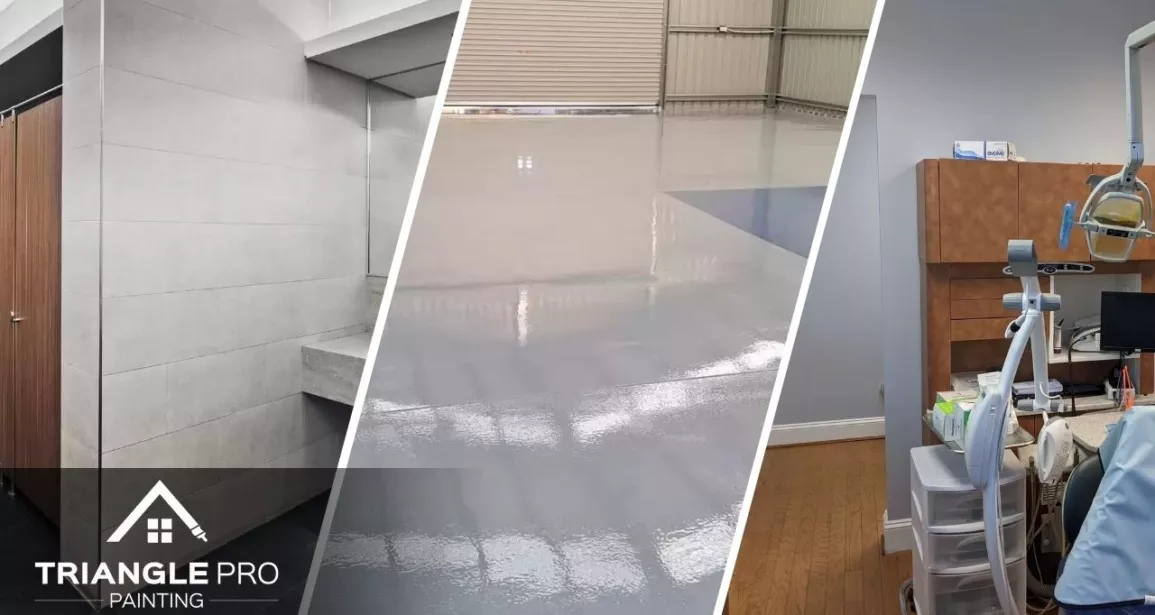 This is a three split image showing restroom wall painting, epoxy floor coating, and dental office painting by Triangle Pro Painting in Wayland Heights Raleigh.