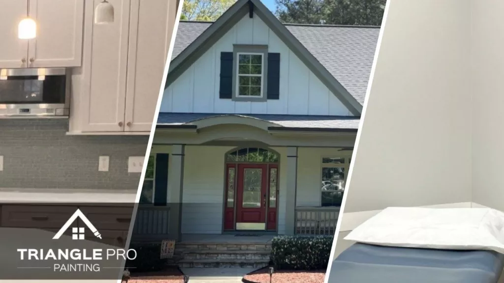 This is a split image of a cabinet painting, house painting, and a clinic.