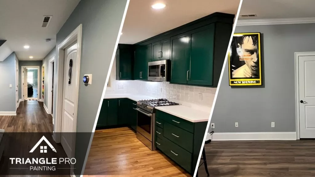 This is a three-split image combining interior wall and cabinet painting by Triangle Pro Painting.