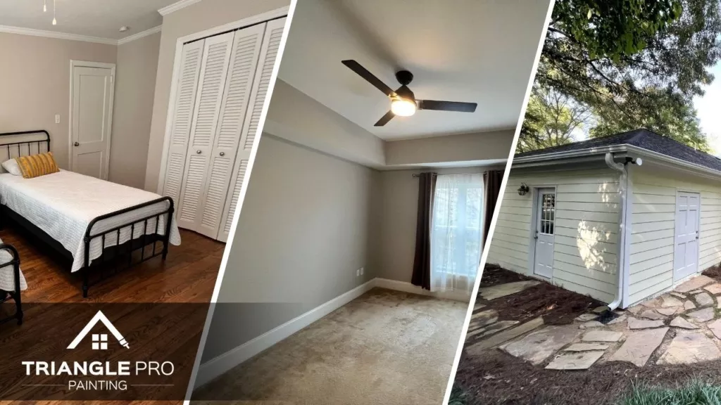 This is a three-split image showing interior, bedroom, and exterior painting by Triangle Pro Painting in Umstead Raleigh NC.