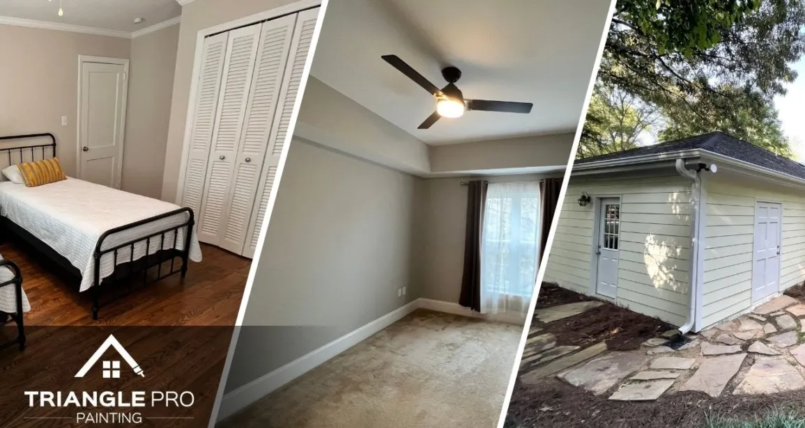 This is a three-split image showing interior, bedroom, and exterior painting by Triangle Pro Painting in Umstead Raleigh NC.