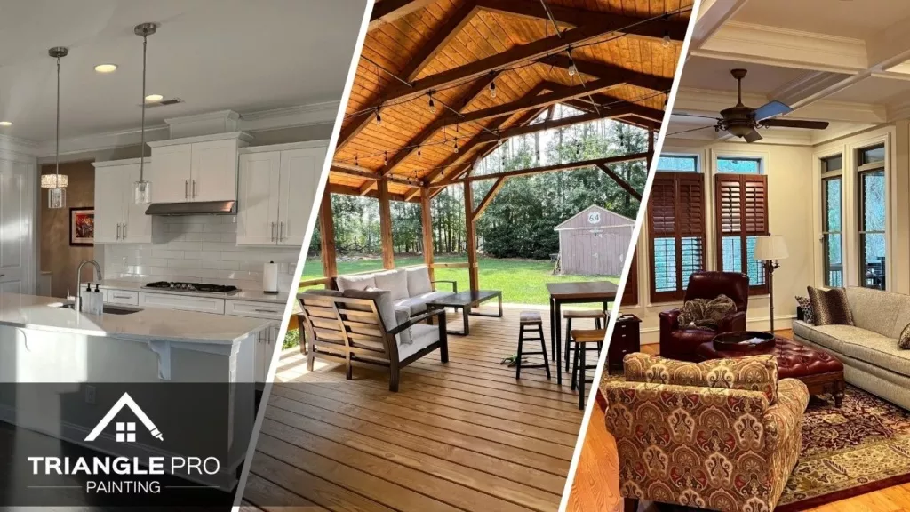 This is a three-split image showing interior, exterior, and living room painting by Triangle Pro Painting in Wayland Heights Raleigh.