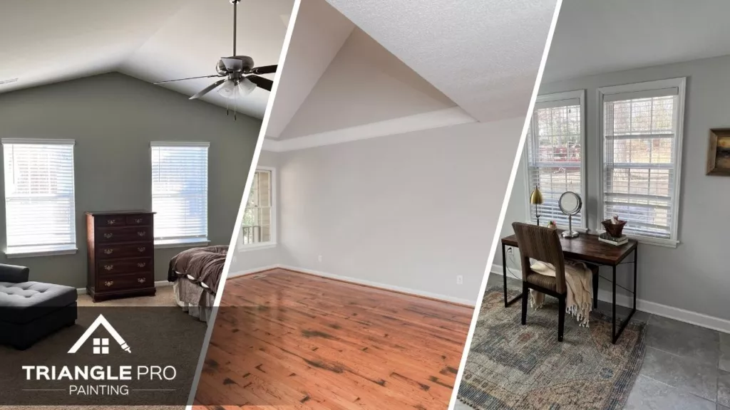 This is a three-split image combining a bedroom, empty living room, and office space painted by Triangle Pro Painting in Umstead Raleigh NC.