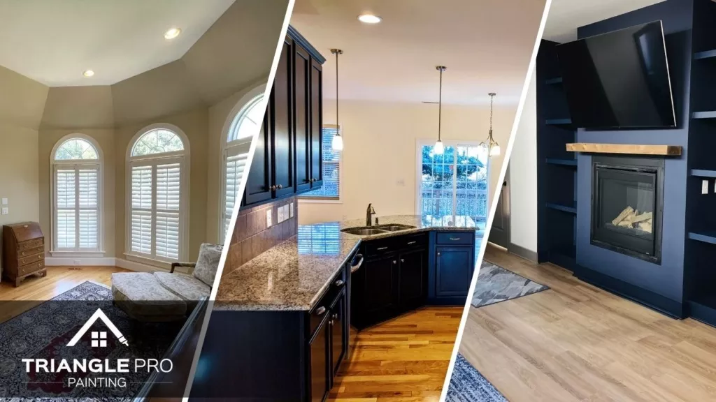 This three-split photo showcases living room, kitchen, and fireplace painting by Triangle Pro Painting in Wayland Heights Raleigh.