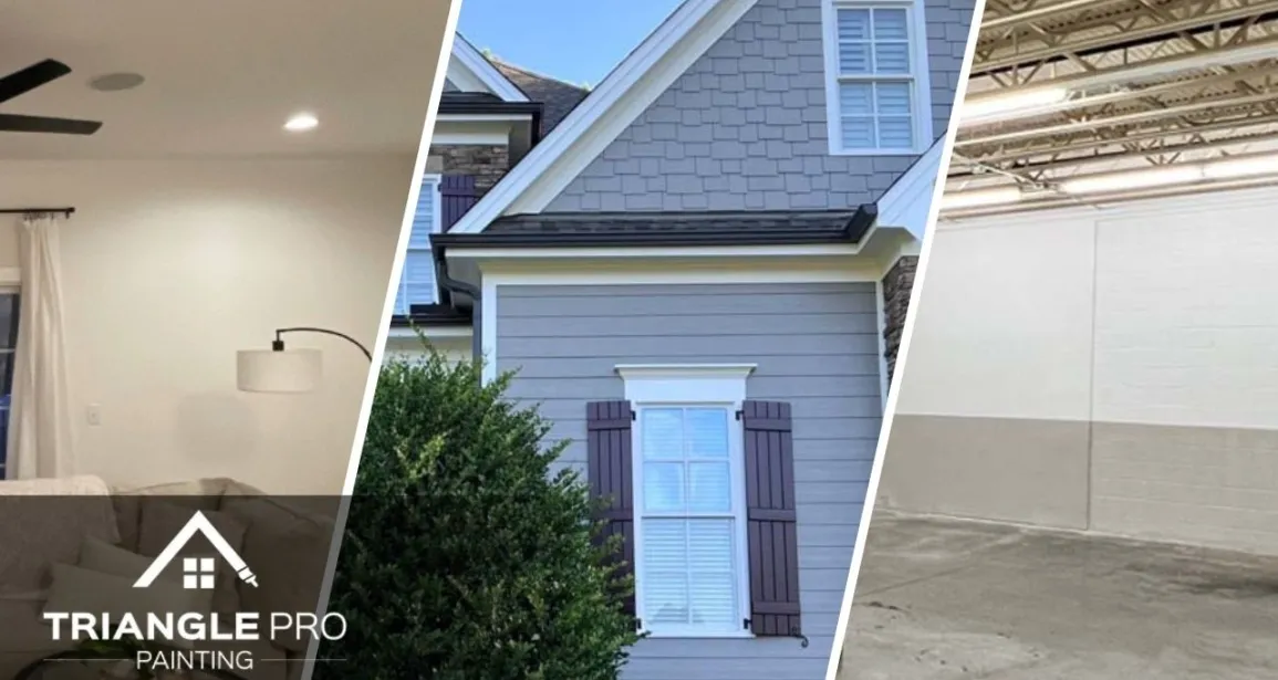 A split image of a exterior, commercial, and exterior painting done by the Triangle Pro Painting