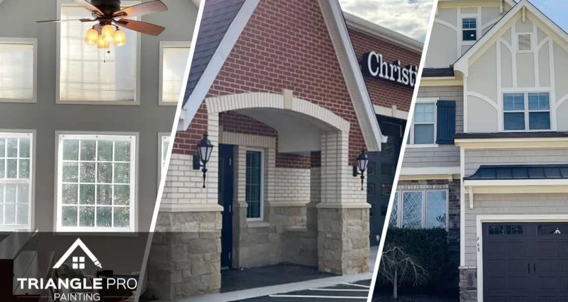 A split image of commercial, interior, and exterior painting job done by the Triangle Pro Painting.