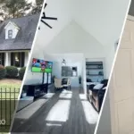 A three-split image showing expert painting in the exterior, living room, and bathroom.