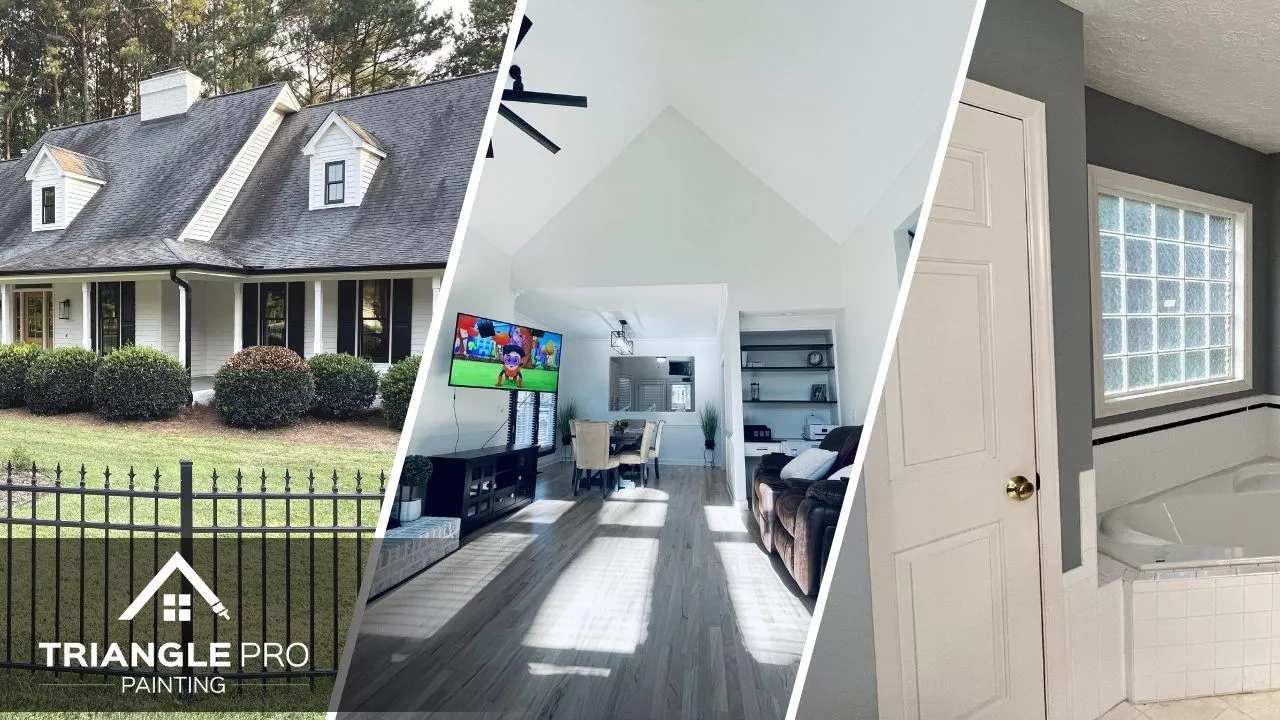 A three-split image showing expert painting in the exterior, living room, and bathroom.