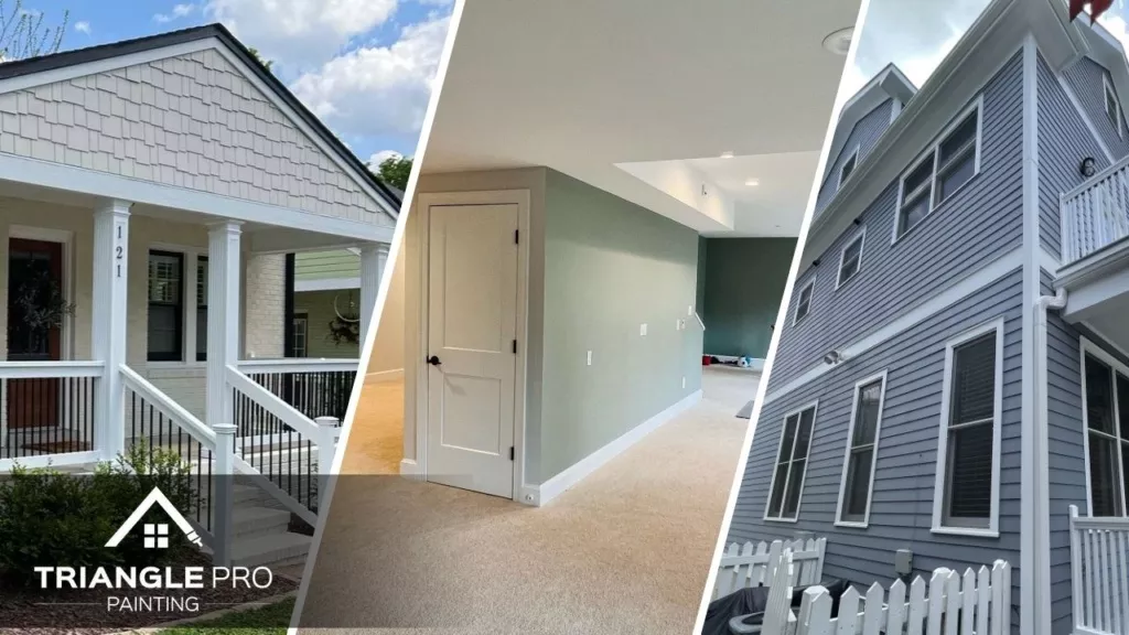 This is a three split image combining of interior, exterior, and multi-story exterior painting by Triangle Pro Painting in Wayland Heights Raleigh, NC.