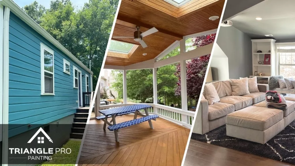 This is a three-split image combining exterior, deck, and interior painting by Triangle Pro Painting.