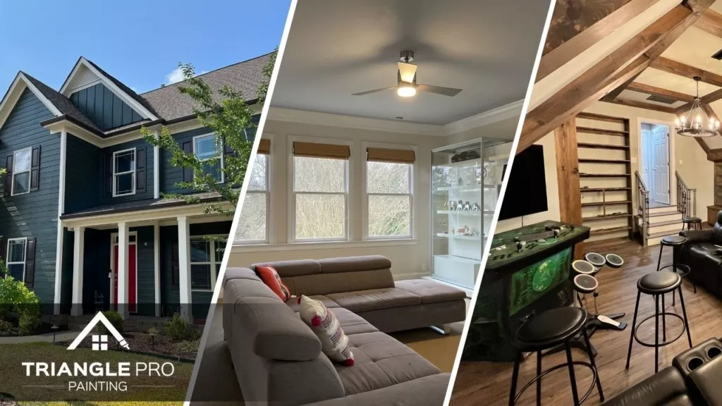 A three split image showing interior and exterior painting, including a living room and entertainment space.