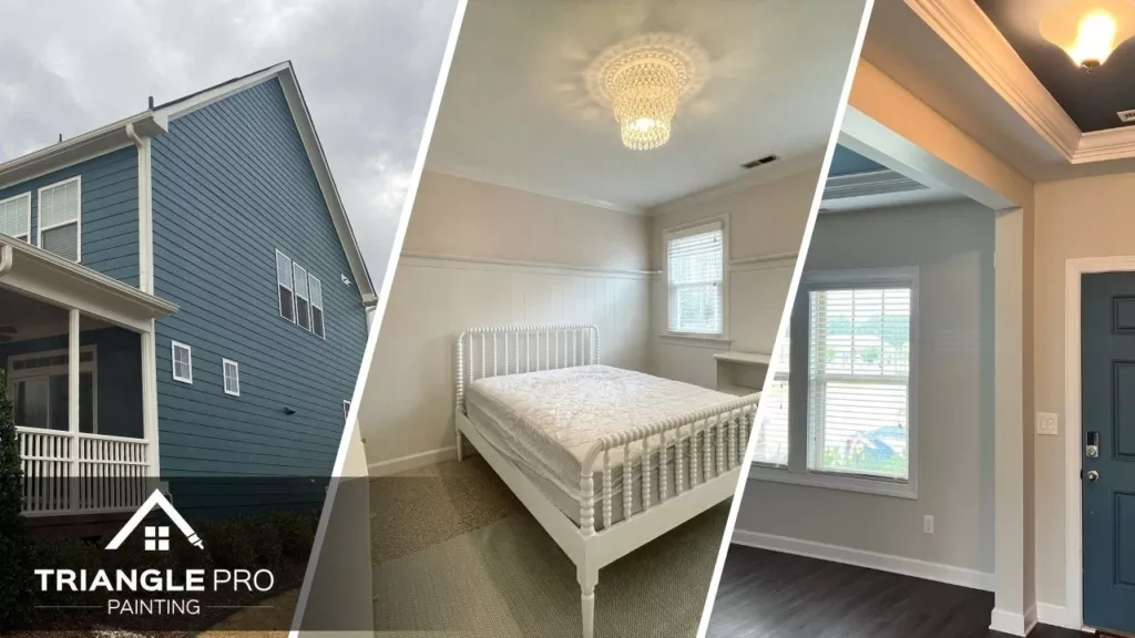 This is a three-split image featuring a combination of exterior siding painting, a two-tone bedroom refresh, and ceiling accent painting—all completed by Triangle Pro Painting in Umstead Raleigh NC.