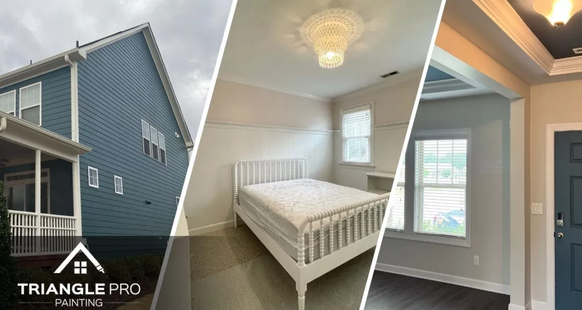 This is a three-split image featuring a combination of exterior siding painting, a two-tone bedroom refresh, and ceiling accent painting—all completed by Triangle Pro Painting in Umstead Raleigh NC.