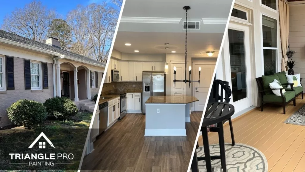 This is a three split image showing exterior brick home, kitchen interior, and patio painting by Triangle Pro Painting in Wayland Heights Raleigh.