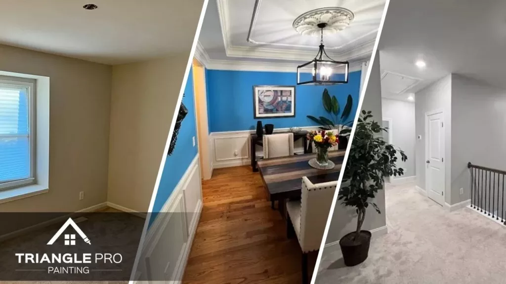 This is a three-split image showing interior room, dining area, and hallway painting by Triangle Pro Painting in Umstead Raleigh, NC.