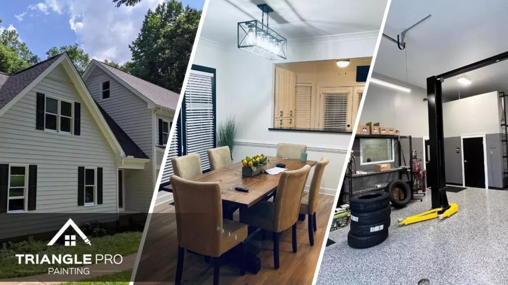 This is a three-split image combining exterior, interior, and commercial painting by Triangle Pro Painting – showcasing professional work on a home’s facade, a dining room, and an auto shop floor.