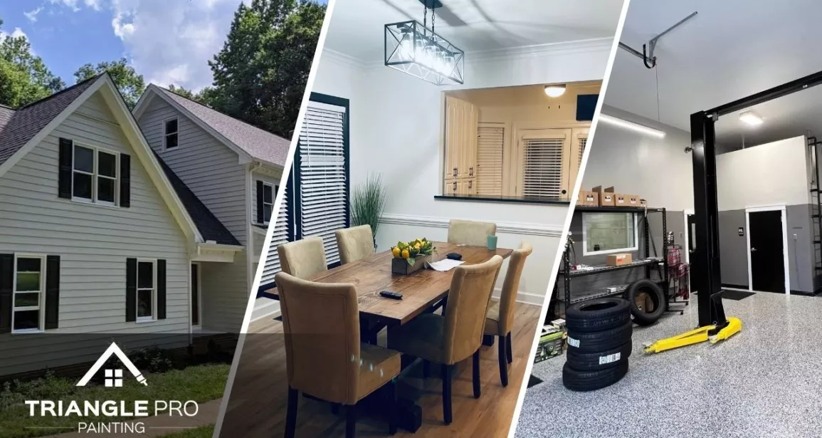 This is a three-split image combining exterior, interior, and commercial painting by Triangle Pro Painting – showcasing professional work on a home’s facade, a dining room, and an auto shop floor.