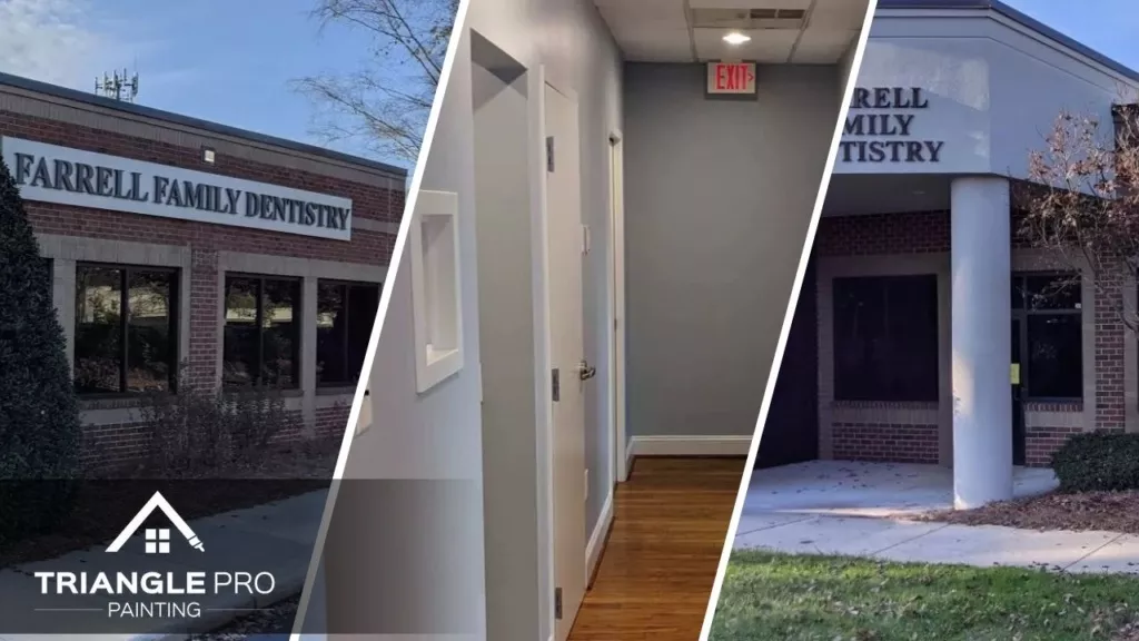 This is a three split image combining of exterior commercial painting and interior hallway work by Triangle Pro Painting in Boylan Heights Raleigh NC.
