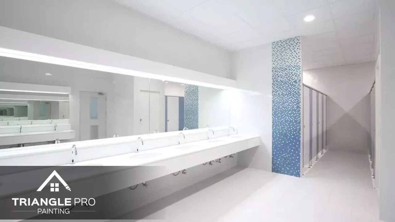 This is a commercial restroom painting project by Triangle Pro Painting in Boylan Heights Raleigh, NC, showcasing clean, bright finishes.