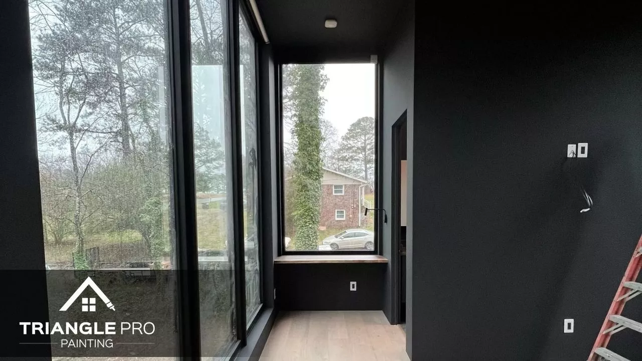 This is a modern office interior painting project with black walls and ceiling by Triangle Pro Painting in Boylan Heights Raleigh, NC.