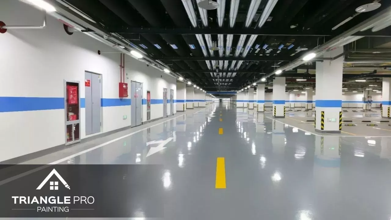 This is a freshly painted commercial parking garage with clean line striping by Triangle Pro Painting in Boylan Heights Raleigh, NC.