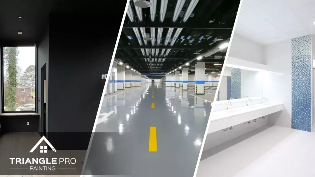 This is a three-split image featuring interior, parking garage, and restroom commercial painting by Triangle Pro Painting in Boylan Heights Raleigh, NC.