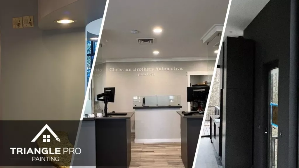 This is a split image of a dental clinic, an office, and black painted wall.