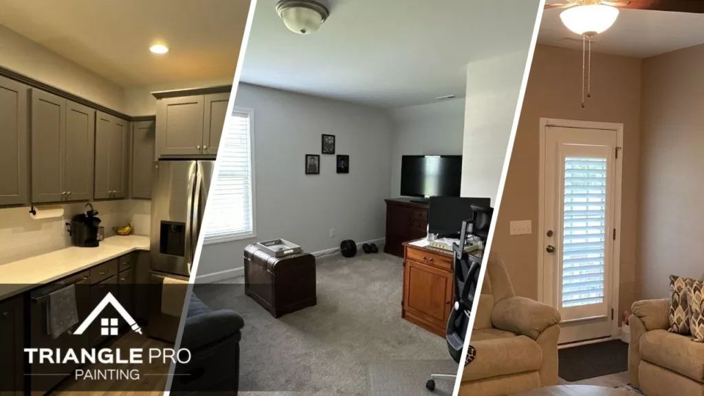 This is a split image of a newly painted room, kitchen cabinet, and office space in Raleigh, NC.