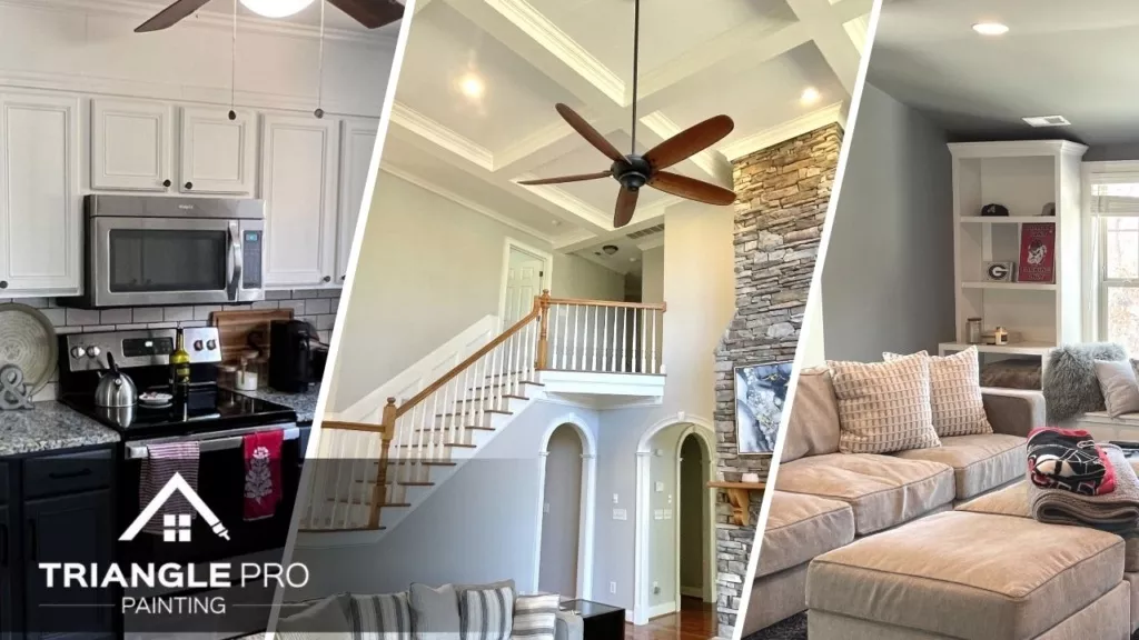 This is a split image of interior painting services done by Triangle Pro Painting.