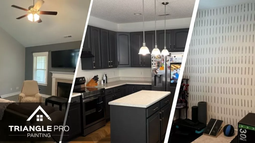 This is an split image of interior painting services in Raleigh, NC.