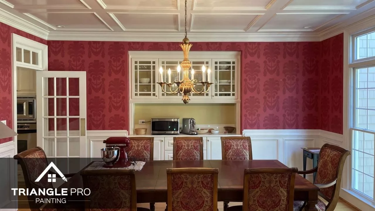 This is a dining room wallpaper and trim painting project by Triangle Pro Painting in Umstead Raleigh, NC.