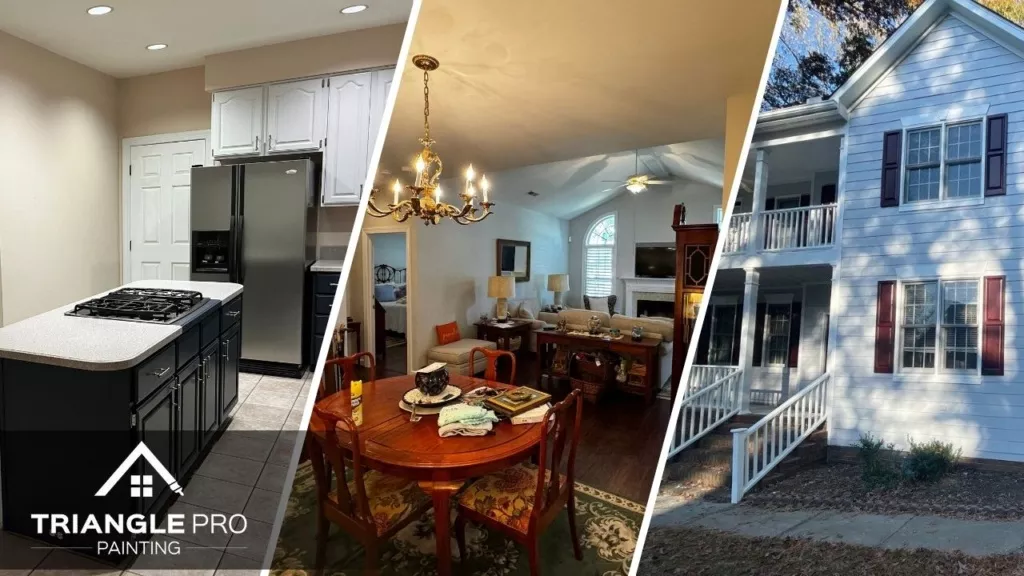 showcasing kitchen cabinet painting, living/dining area wall painting, and the full house exterior.