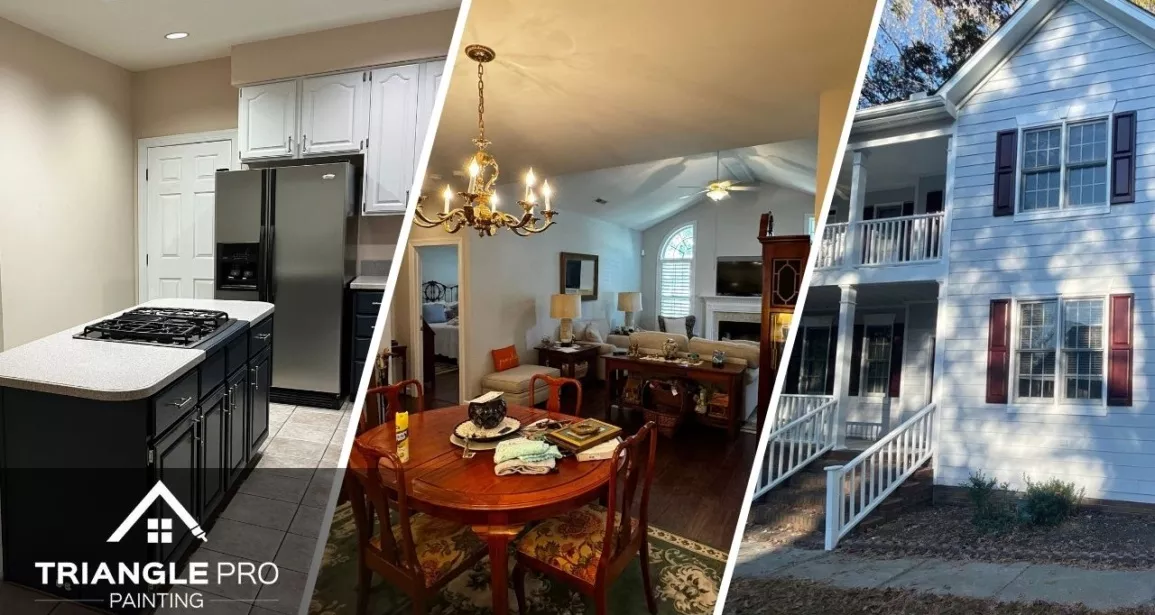 showcasing kitchen cabinet painting, living/dining area wall painting, and the full house exterior.