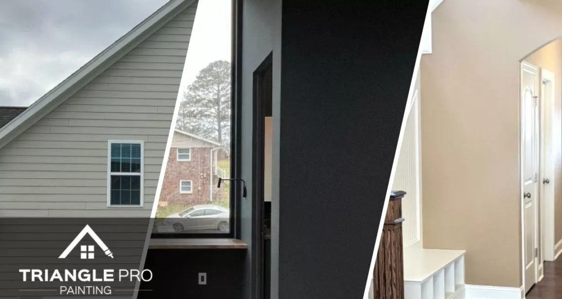 This is a split image of an exterior, interior, and commercial painting in Raleigh, NC.