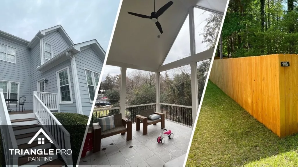This is a three-split image showing residential exterior painting, porch ceiling painting, and fence staining by Triangle Pro Painting in Boylan Heights, Raleigh NC.