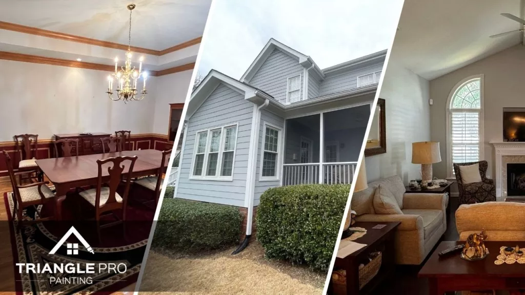 This three-split image highlights interior and exterior painting—dining room, exterior siding, and living room—done by Triangle Pro Painting in Boylan Heights Raleigh, NC.