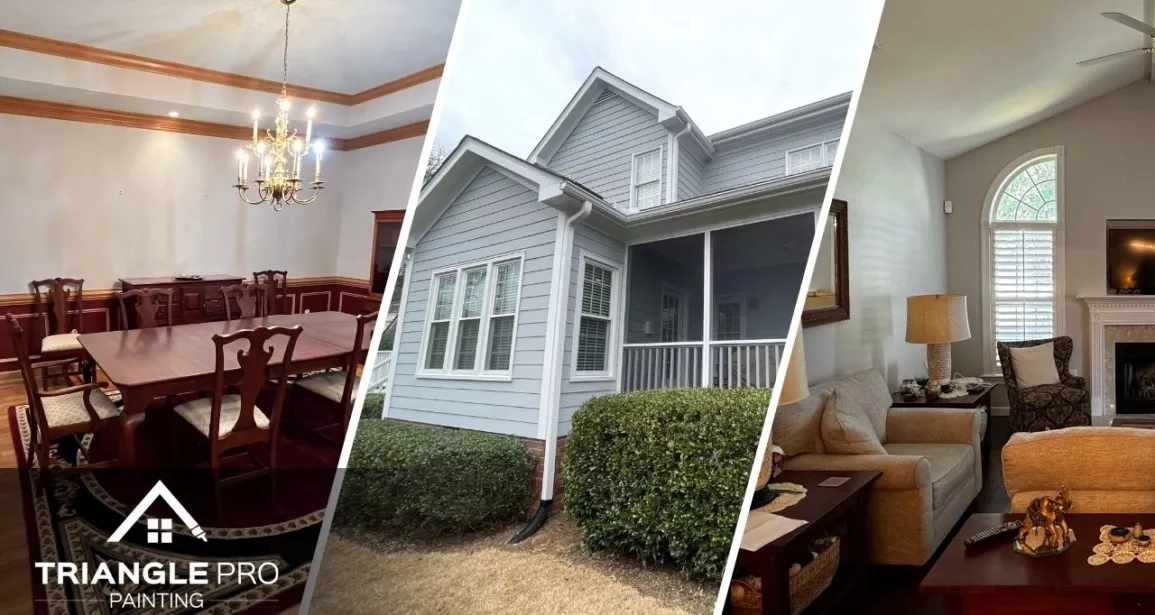 This three-split image highlights interior and exterior painting—dining room, exterior siding, and living room—done by Triangle Pro Painting in Boylan Heights Raleigh, NC.