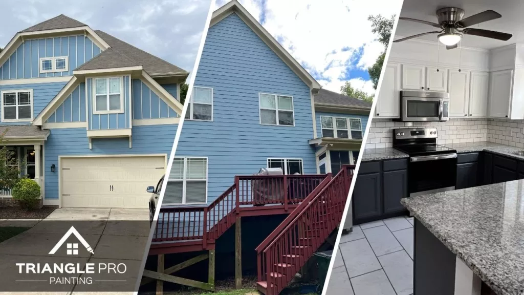 This is a three split image showing cabinet and exterior painting by Triangle Pro Painting in Boylan Heights Raleigh NC.