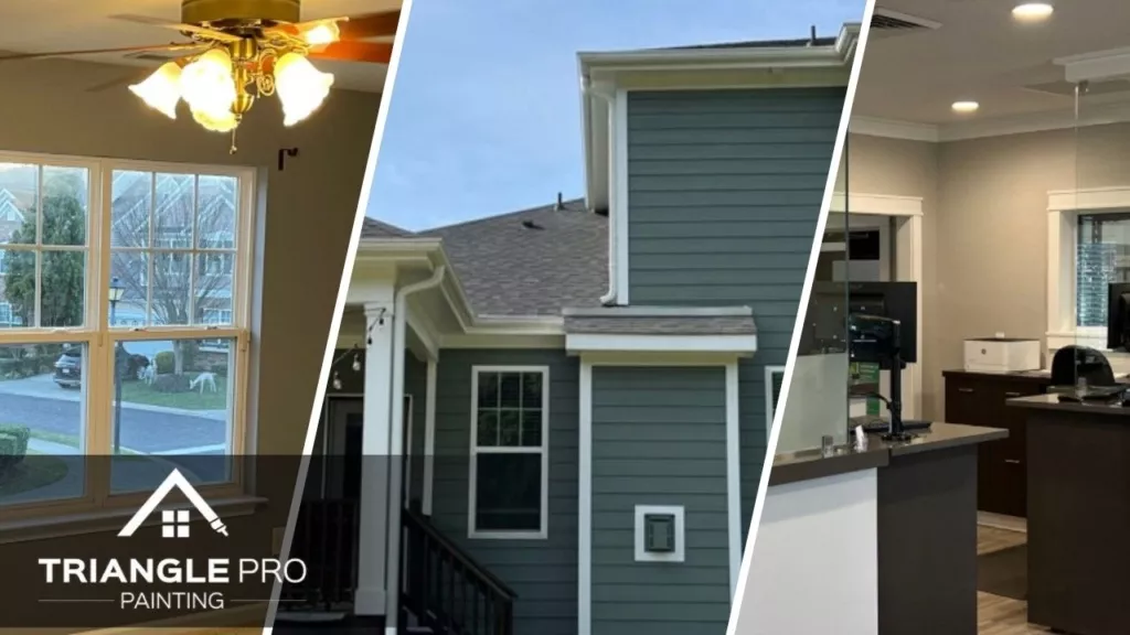 This is a split image of commercial, interior, and exterior painting services in Raleigh, NC.