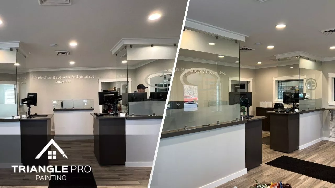 This is a split image of office painting in Raleigh, NC.