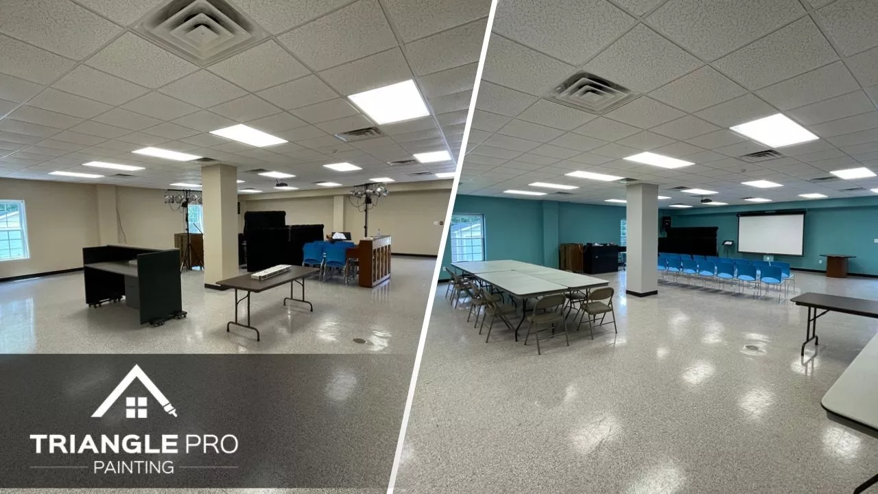 This is a split image of a before and after transformation of a church hallway in Raleigh, NC.