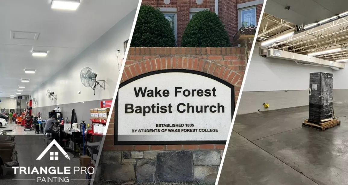 This is a split image of commercial painting services in Raleigh.