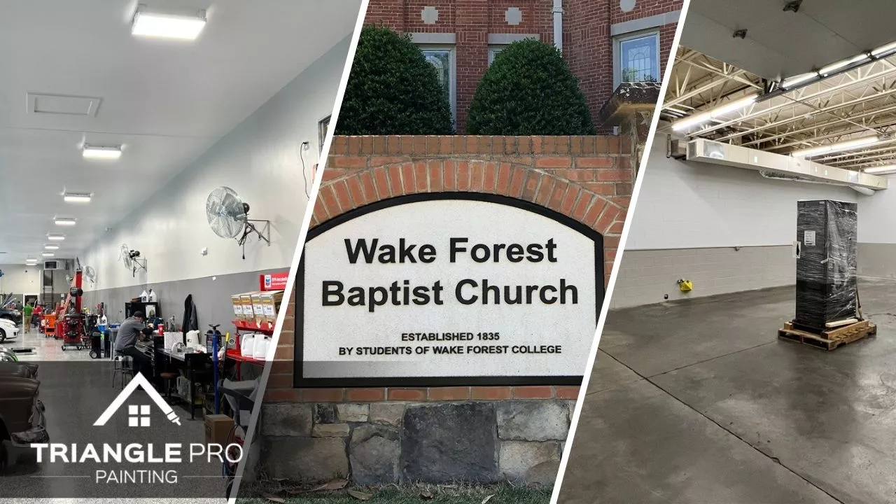 This is a split image of commercial painting services in Raleigh.