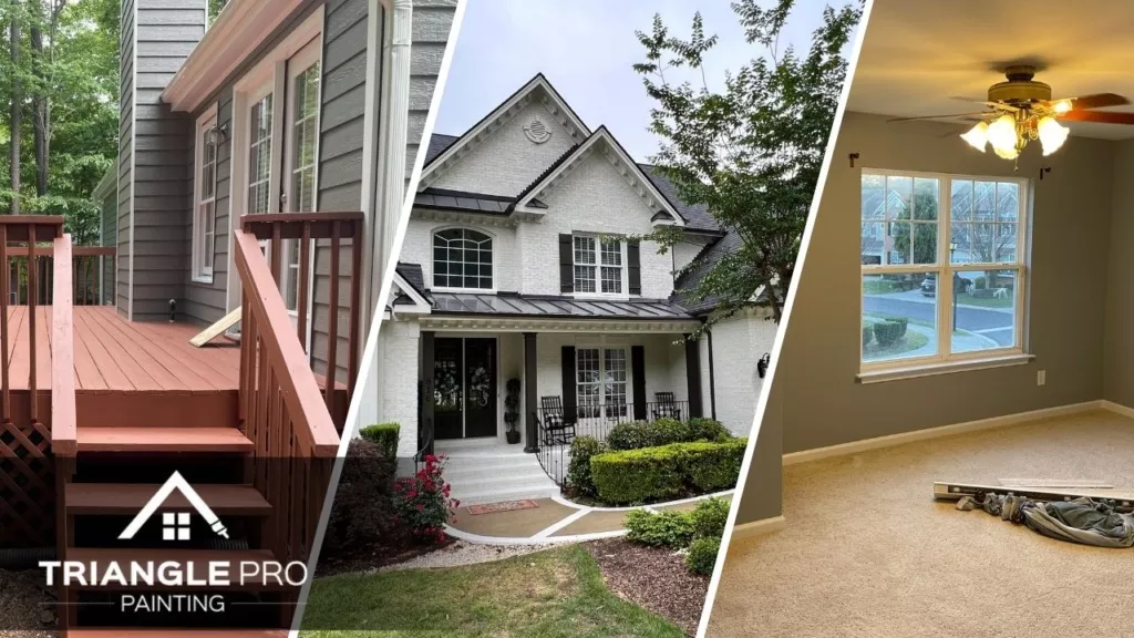 This is a split image of deck painting. white house, and an interior painting in Raleigh, NC.