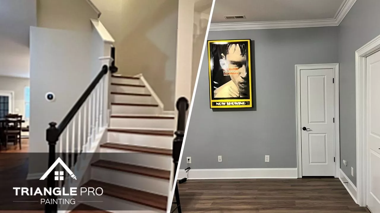 This is a split image of a newly painted staircase and gray wall.